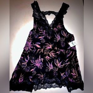 New with Tags Free People Black Tropical Floral Lace Swing Top, L